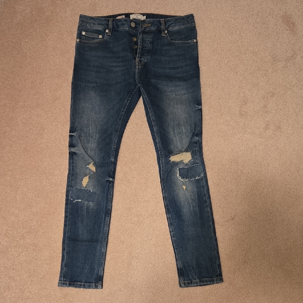 Topman Dark Blue Distressed Skinny Jeans